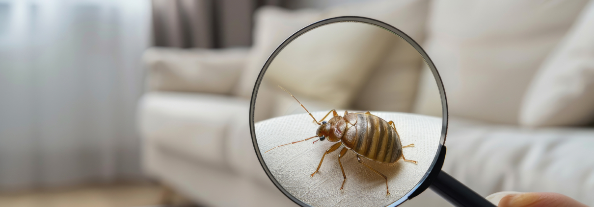 A close-up view of a bed bug under a magnifying glass on a sofa, highlighting the early signs of bed bugs
