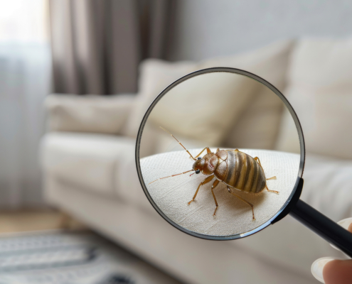 Early Signs of Bed Bugs: Identifying Infestations Early 1 A close-up view of a bed bug under a magnifying glass on a sofa, highlighting the early signs of bed bugs
