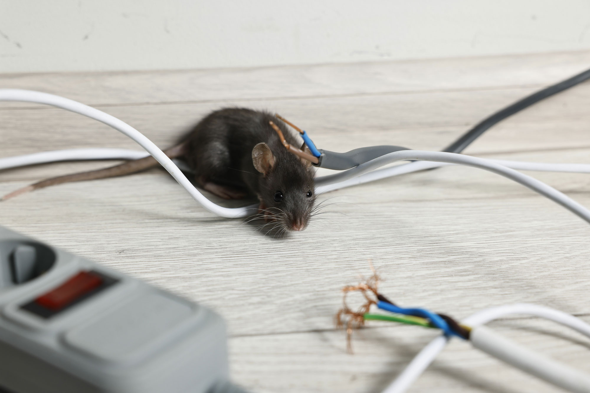 Mouse among chewed wires on a floor, showing damage caused by mice in walls and the risks of rodent infestations.
