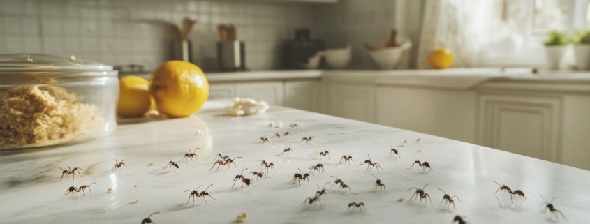 Trail of ants on a Missouri kitchen counter with crumbs in the background