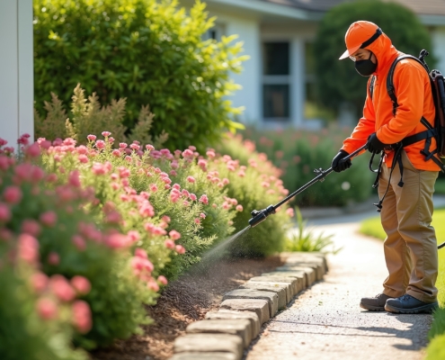 A professional environmentally safe exterminator applying eco-friendly pest control treatments along a home’s garden to protect families and outdoor spaces.