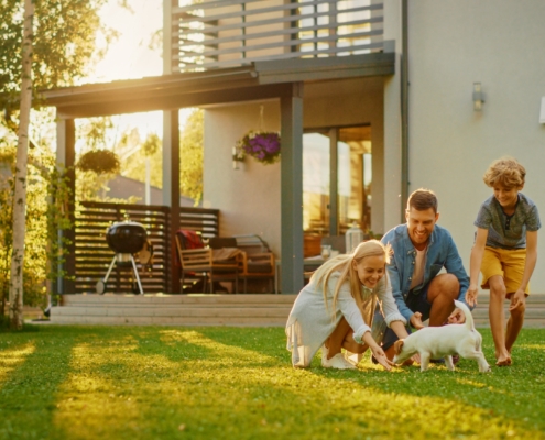 Happy family playing with their dog in a backyard treated with pet safe bug spray for a healthy, pest-free home.