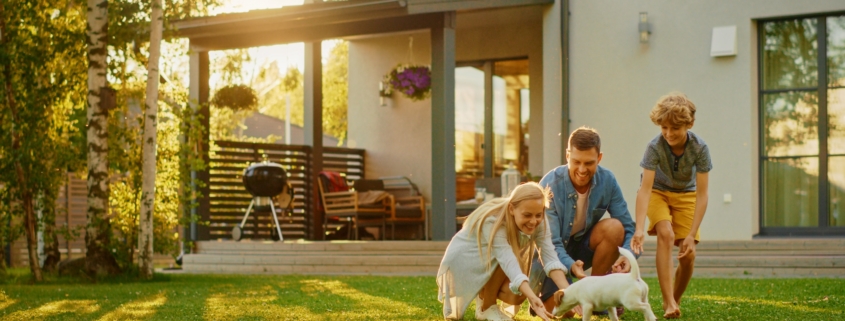 Happy family playing with their dog in a backyard treated with pet safe bug spray for a healthy, pest-free home.