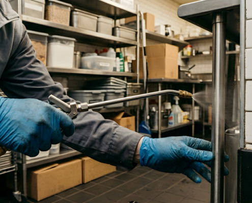Commercial pest control technician treating a restaurant kitchen for pests in St. Louis.