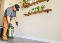 Flea Infestations in St. Louis: Why Professional Flea Pest Control Works Better Than DIY 1 AMCO Ranger technician performing flea pest control indoors, using a hand sprayer to treat a baseboard
